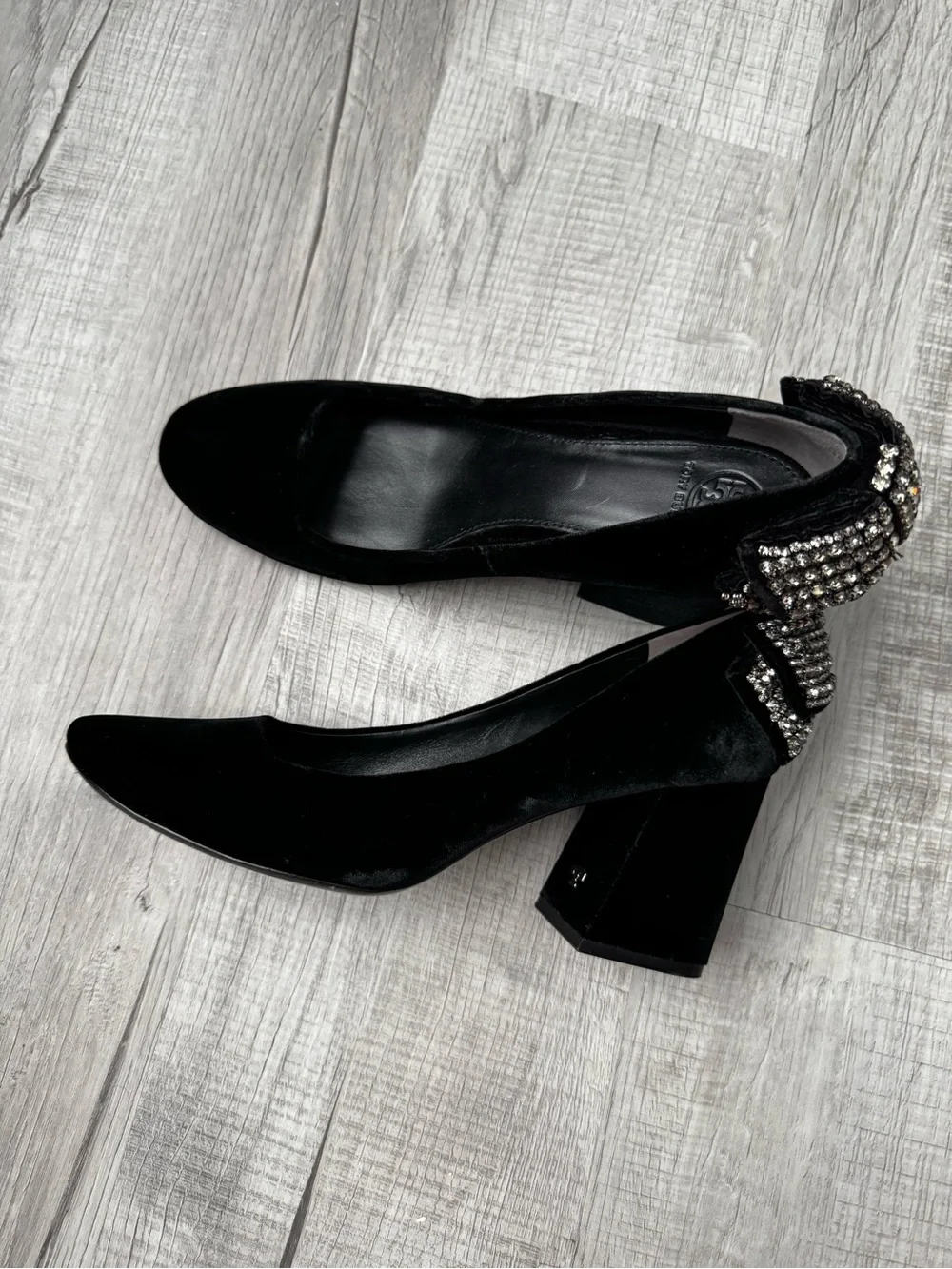 Tory Burch Black Velvet Block Heel Pumps with Crystal Embellishment
